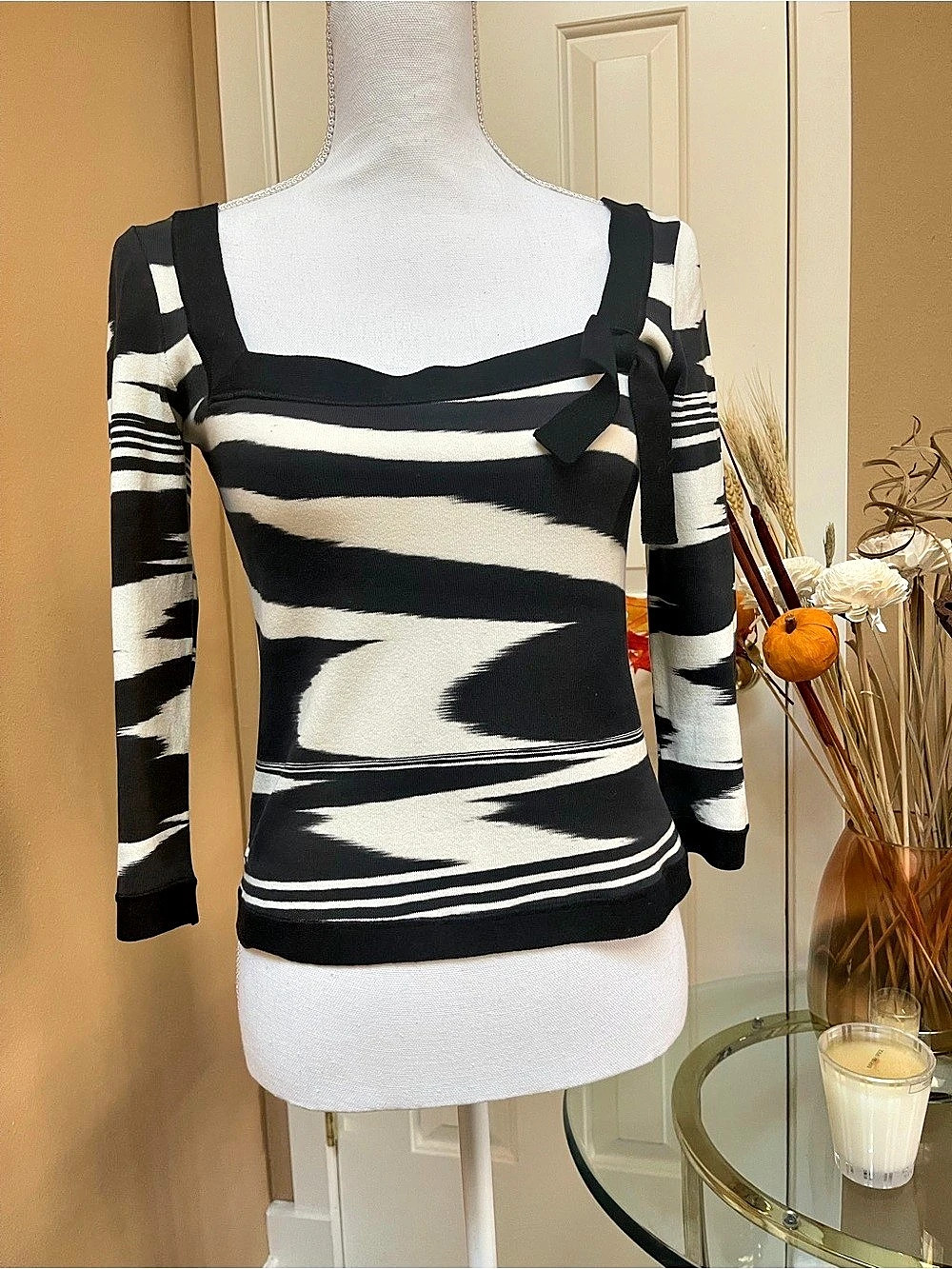 Missoni Black Ivory Abstract Stripe Knit Sweater Top Size 40 Bow Detail $890
